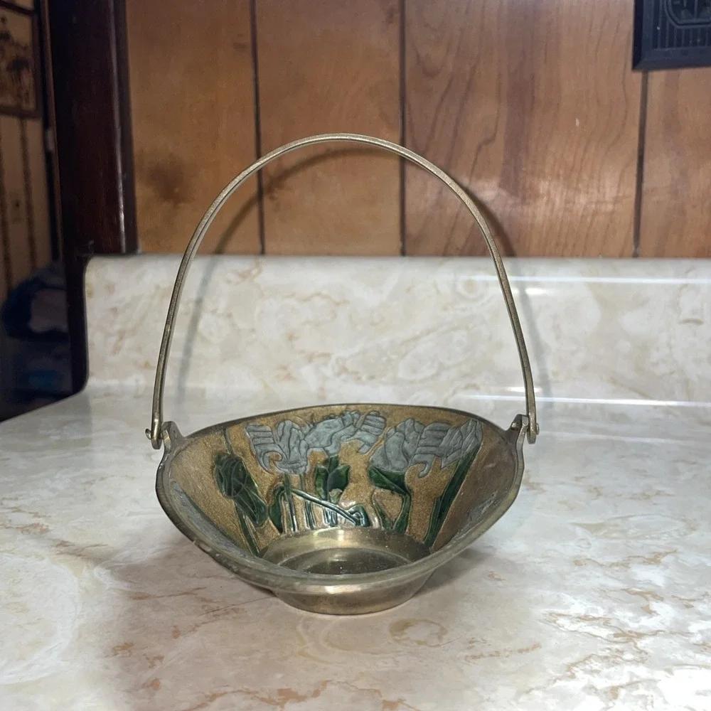 Rare Vintage Brass &Enamel‎ Cloisonne handled trinket bowl BEAUTIFUL